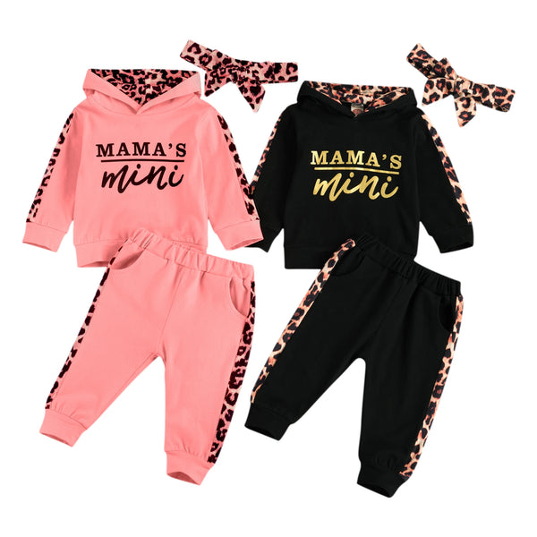 Spring Newborn Baby Girls Letters Sweatshirt Sports Leopard Hooded Clothing Set